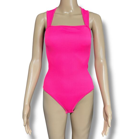 OQQ Womens Bodysuit Sexy Ribbed Square Neck Tummy Control Tank Top Pink Medium - Picture 1 of 13